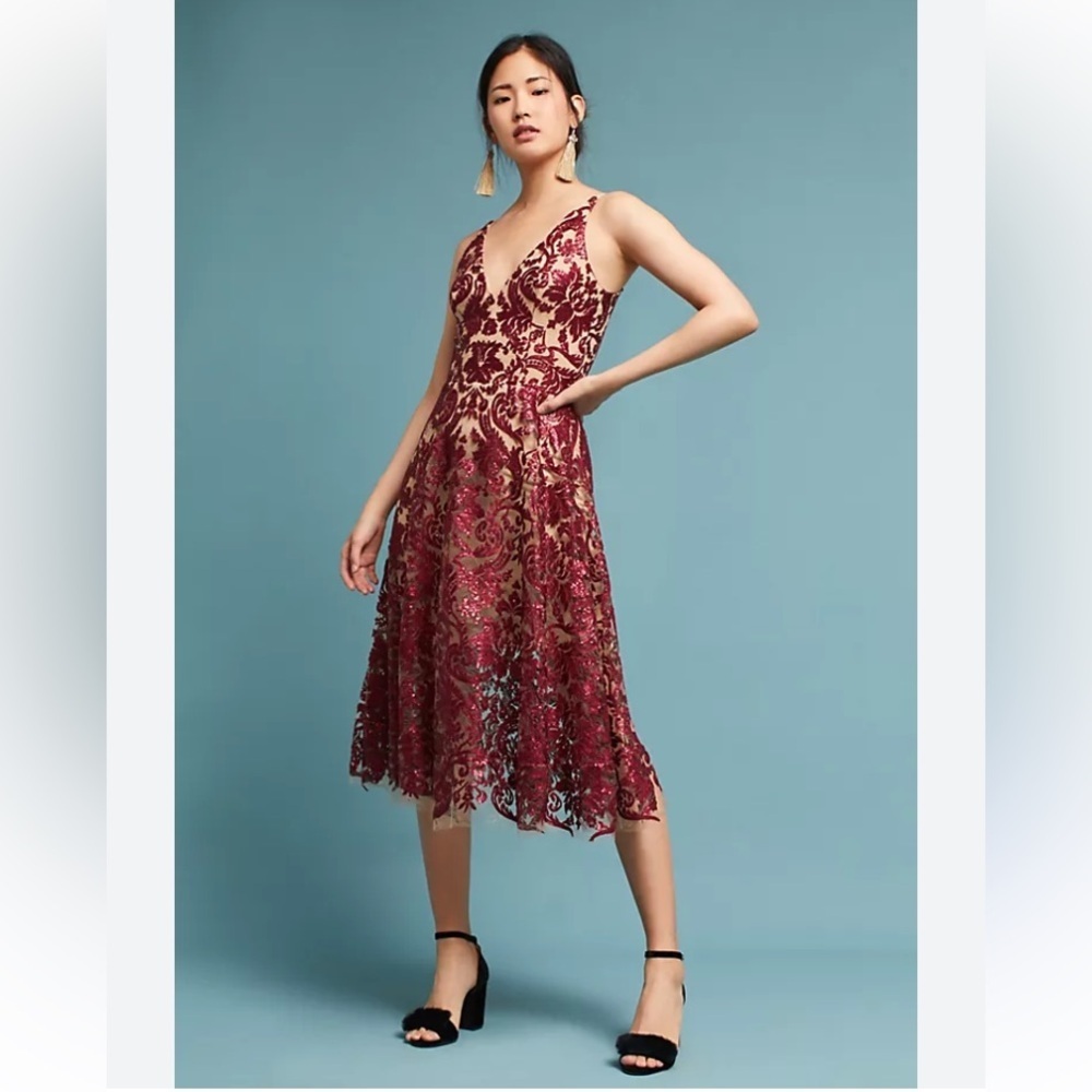 Dress the Population Burgundy Blair Lace Midi Dress Size Small